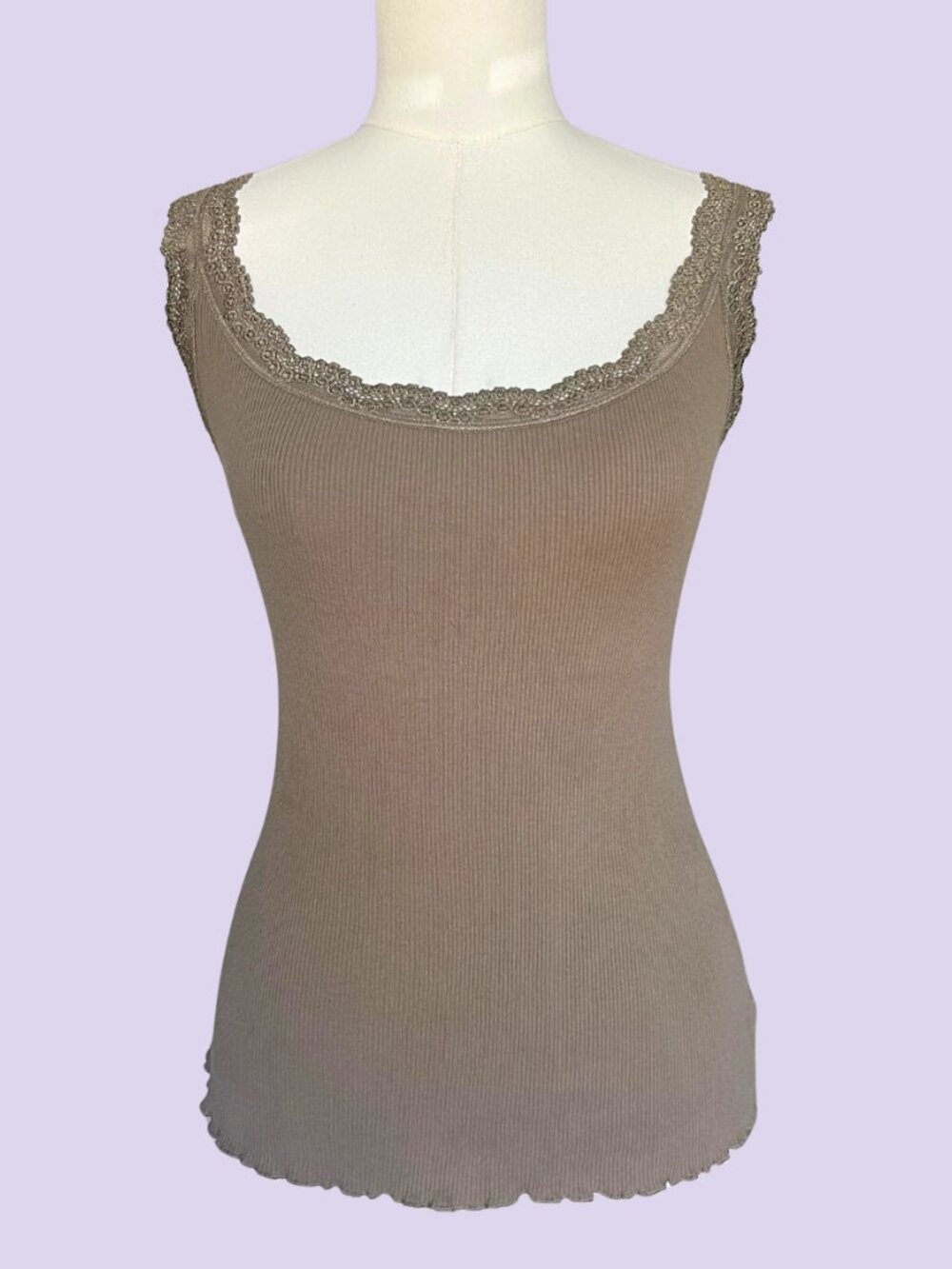 Vintage Y2K Apt. 9 Taupe Lace Trim Ribbed Tank